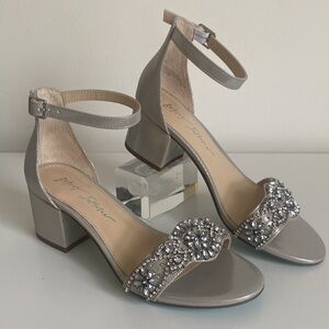 Betsey Johnson Mel Bejeweled Ankle Strap Block Heel Sandals in Silver Size 6 NEW
